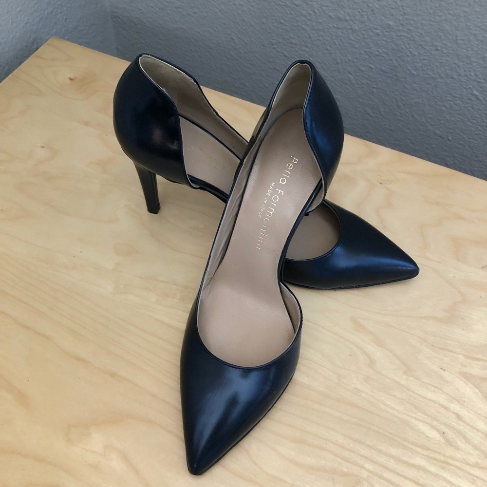 Italian PERLA FORMENTINI Leather Pumps Women's EUR 37 US 7 Black Pointed Toe